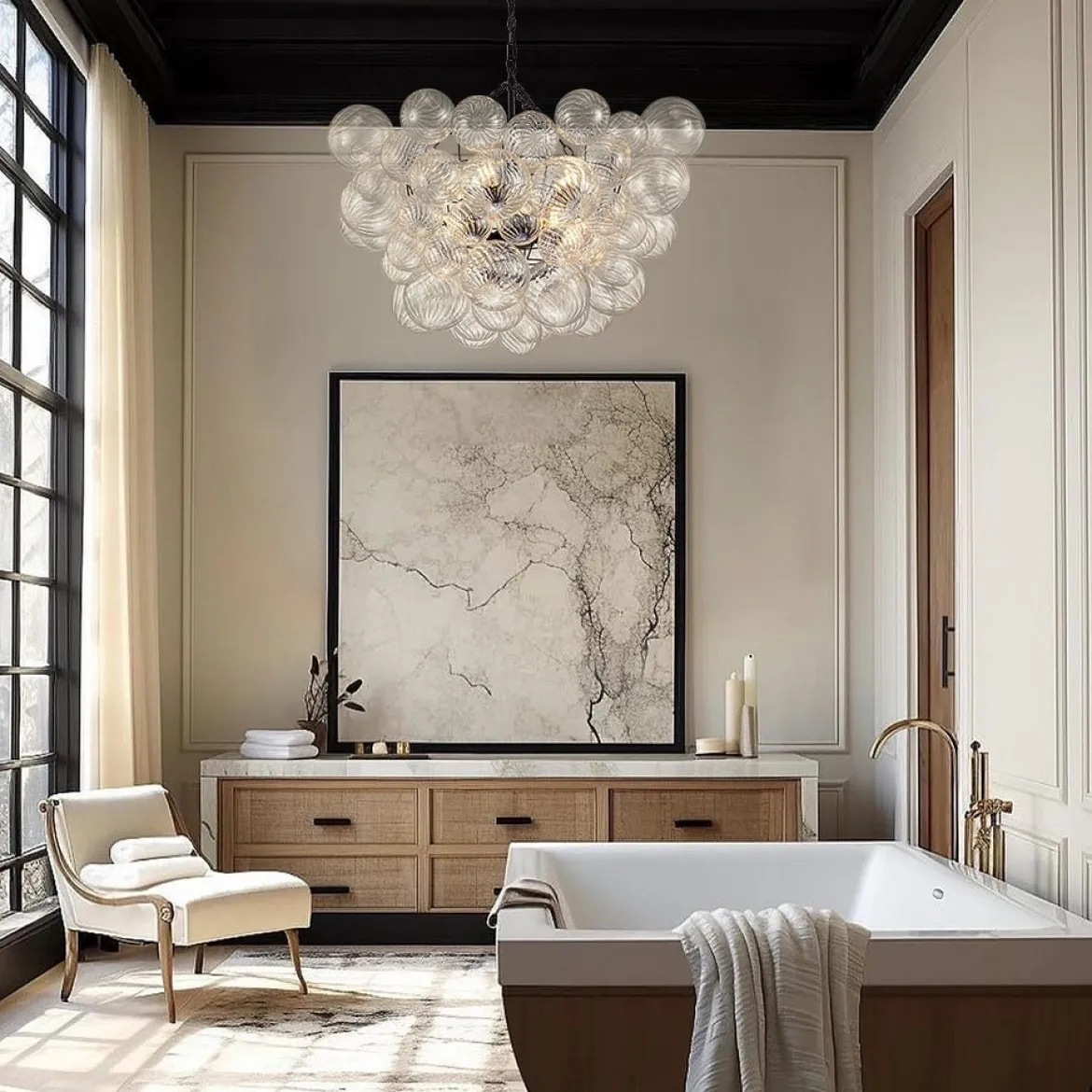 (OpenBox) Brass Cluster Ribbed Glass Globe Bubble Chandelier