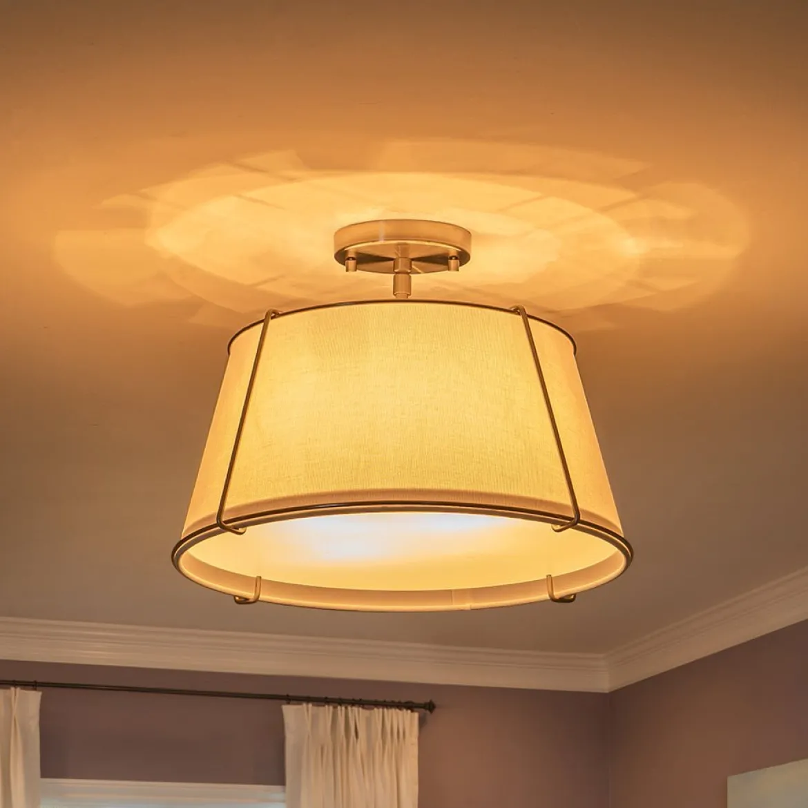 (OpenBox) Contemporary Wide Linen Drum Brass Semi Flush Mount