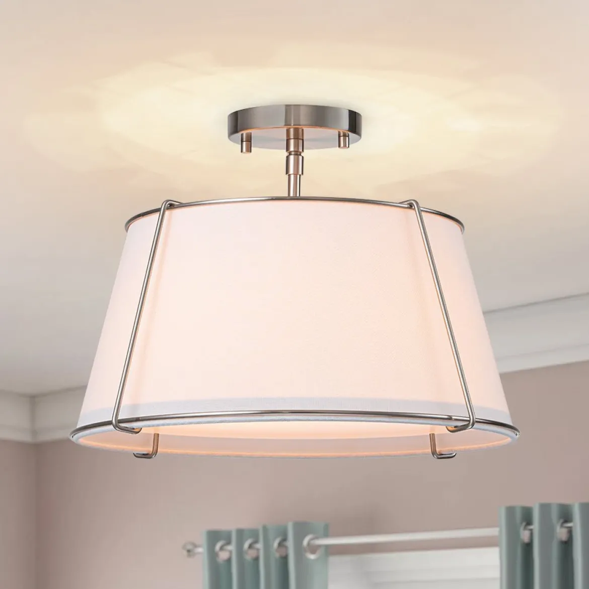 (OpenBox) Contemporary Wide Linen Drum Brass Semi Flush Mount