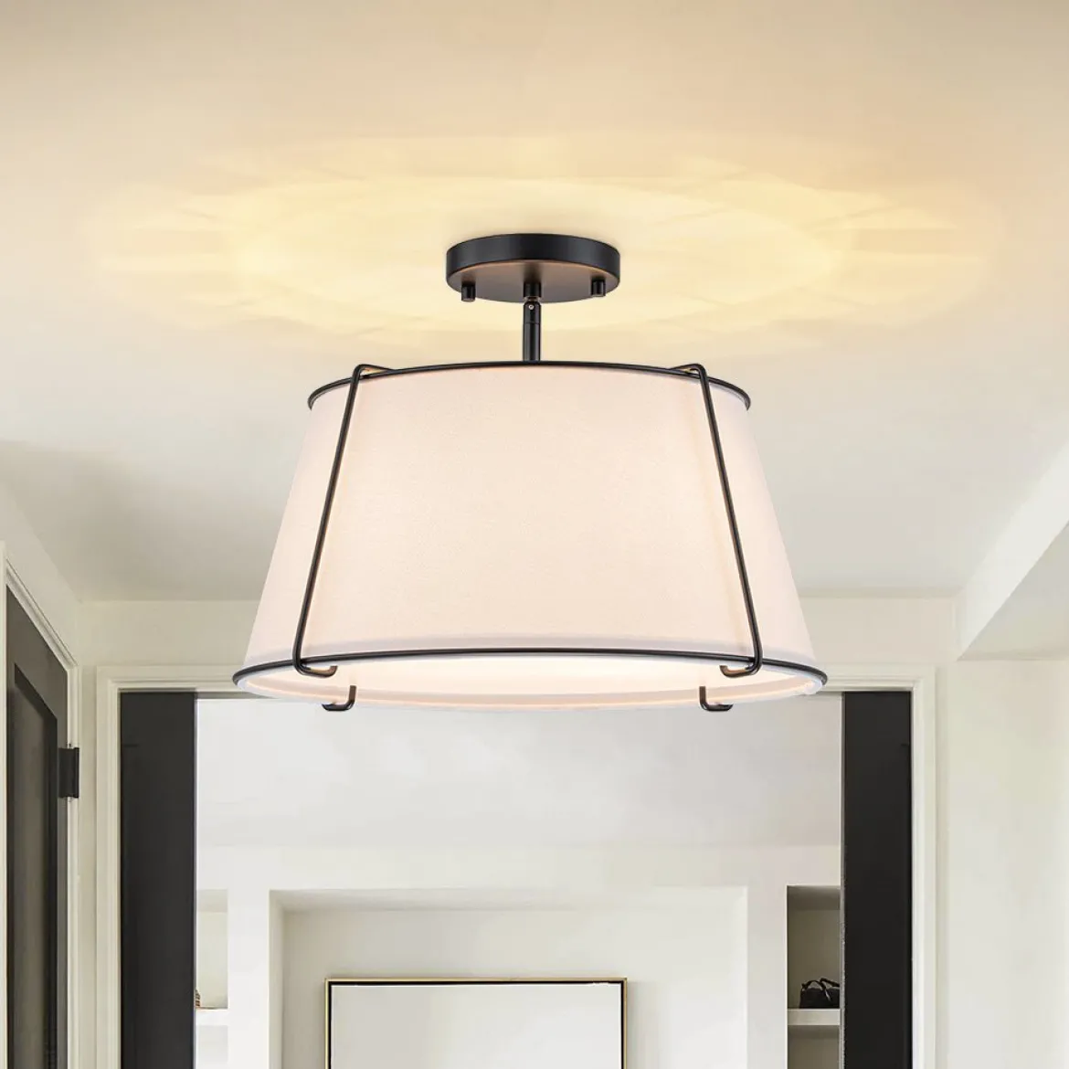 (OpenBox) Contemporary Wide Linen Drum Brass Semi Flush Mount