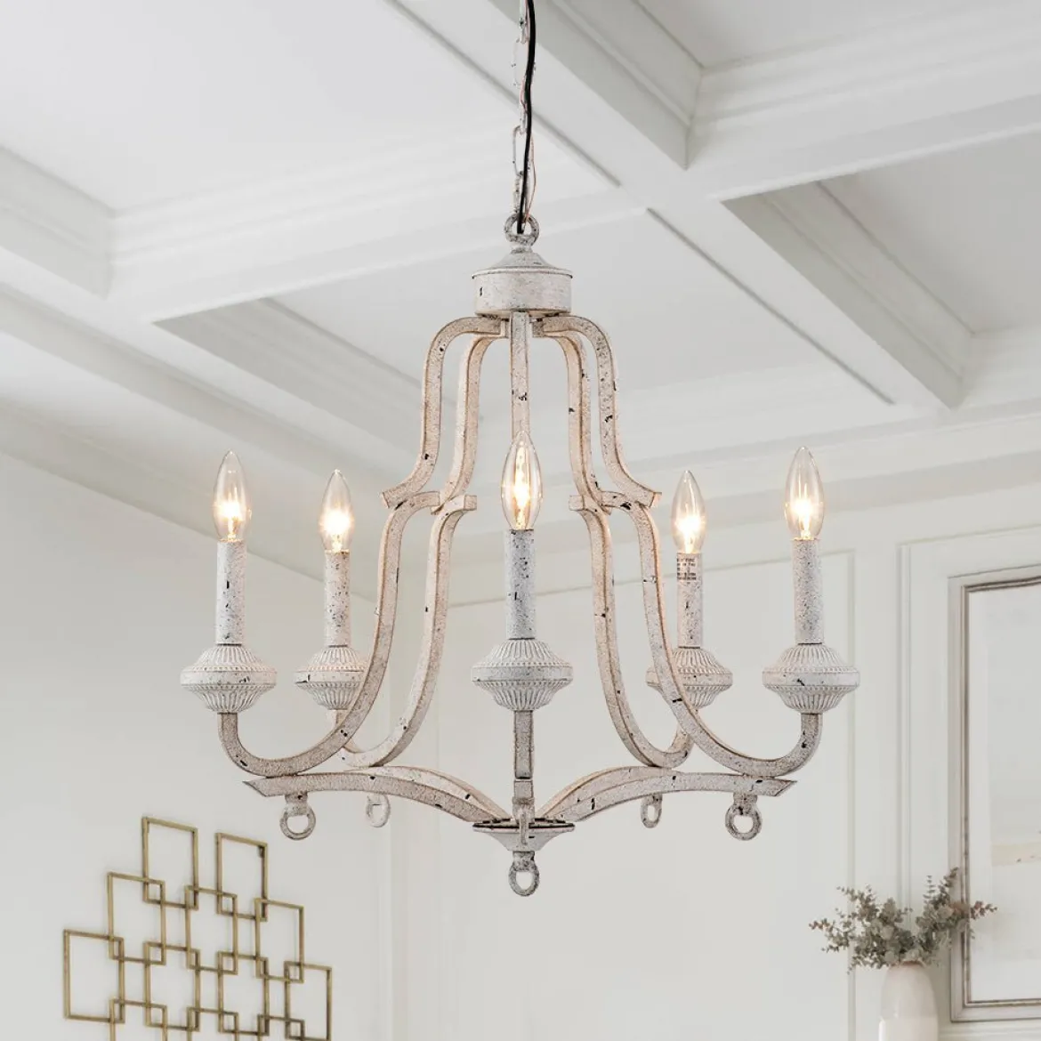 (OpenBox) Distressed White Shabby Chic Candle Style Chandelier