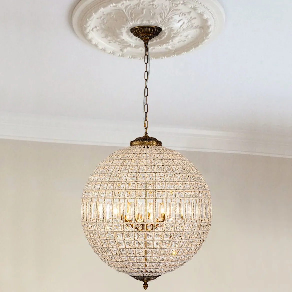 (OpenBox) French Antique Brass Crystal Globe Chandelier
