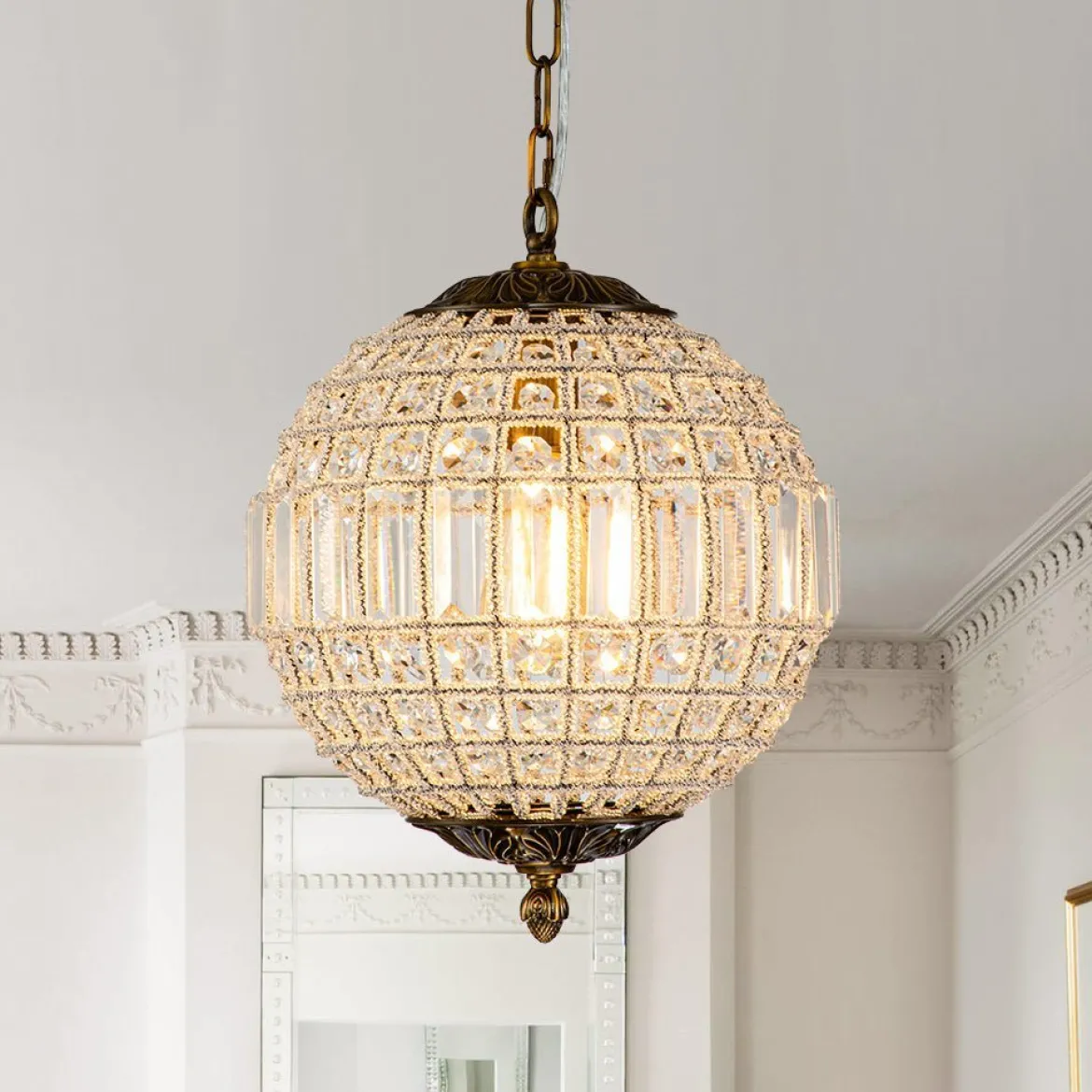 (OpenBox) French Antique Brass Crystal Globe Chandelier