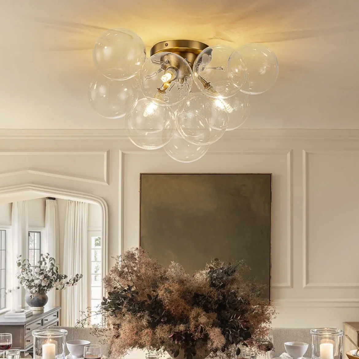 (OpenBox) 3-Light Brass Cluster Clear Glass Globe Bubble Ceiling Light