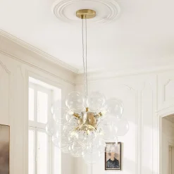 (OpenBox) 6-Light Dimmable Brass Cluster Clear Glass Bubble Sphere Chandelier