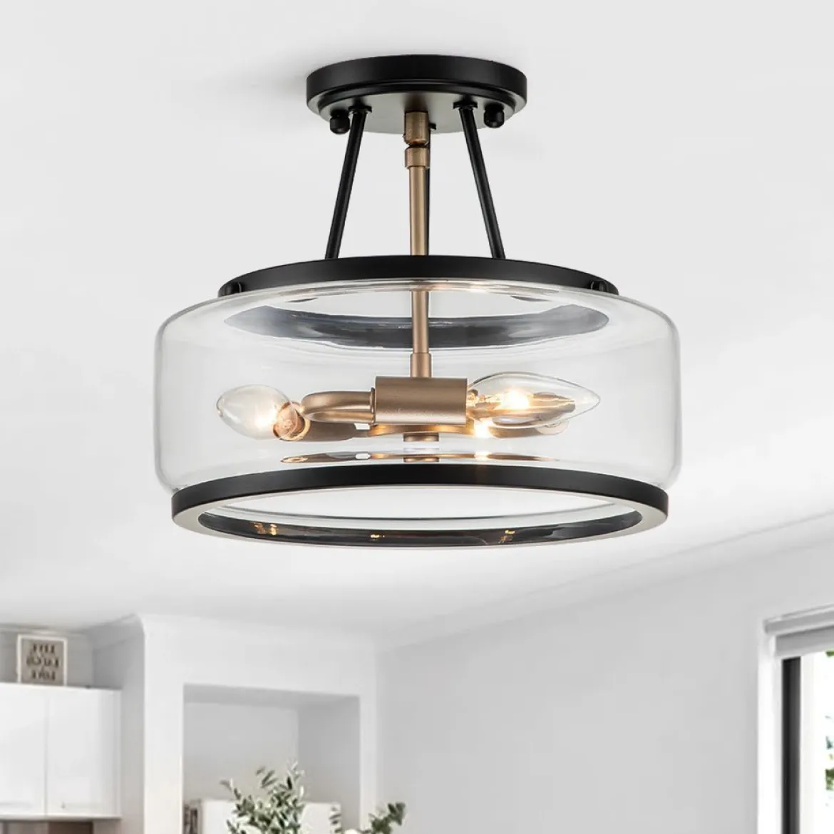 (OpenBox) Modern Farmhouse Drum Glass Semi Flush Mount