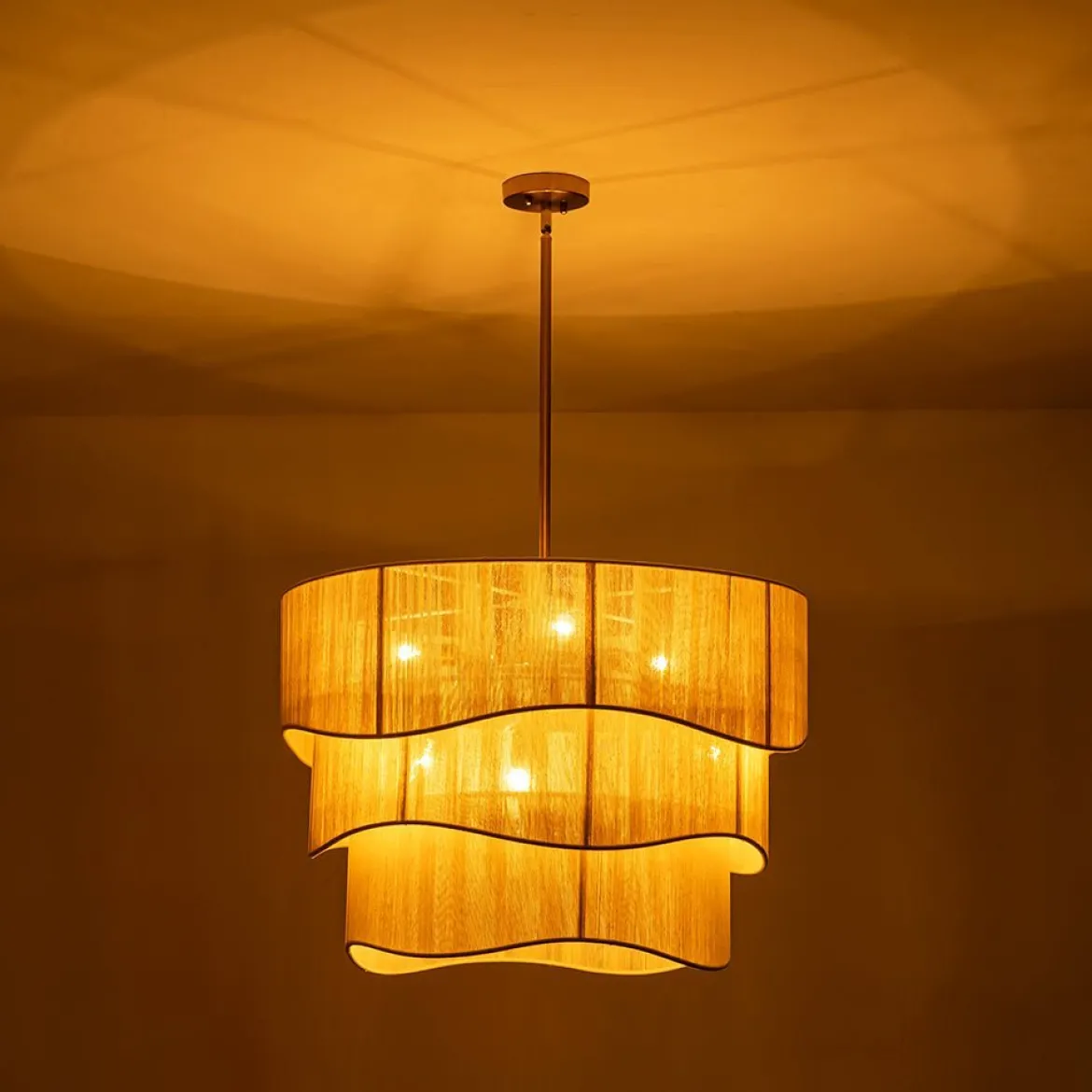 (OpenBox) 3-Tier Beige Woven Thread Drum Pendant Light