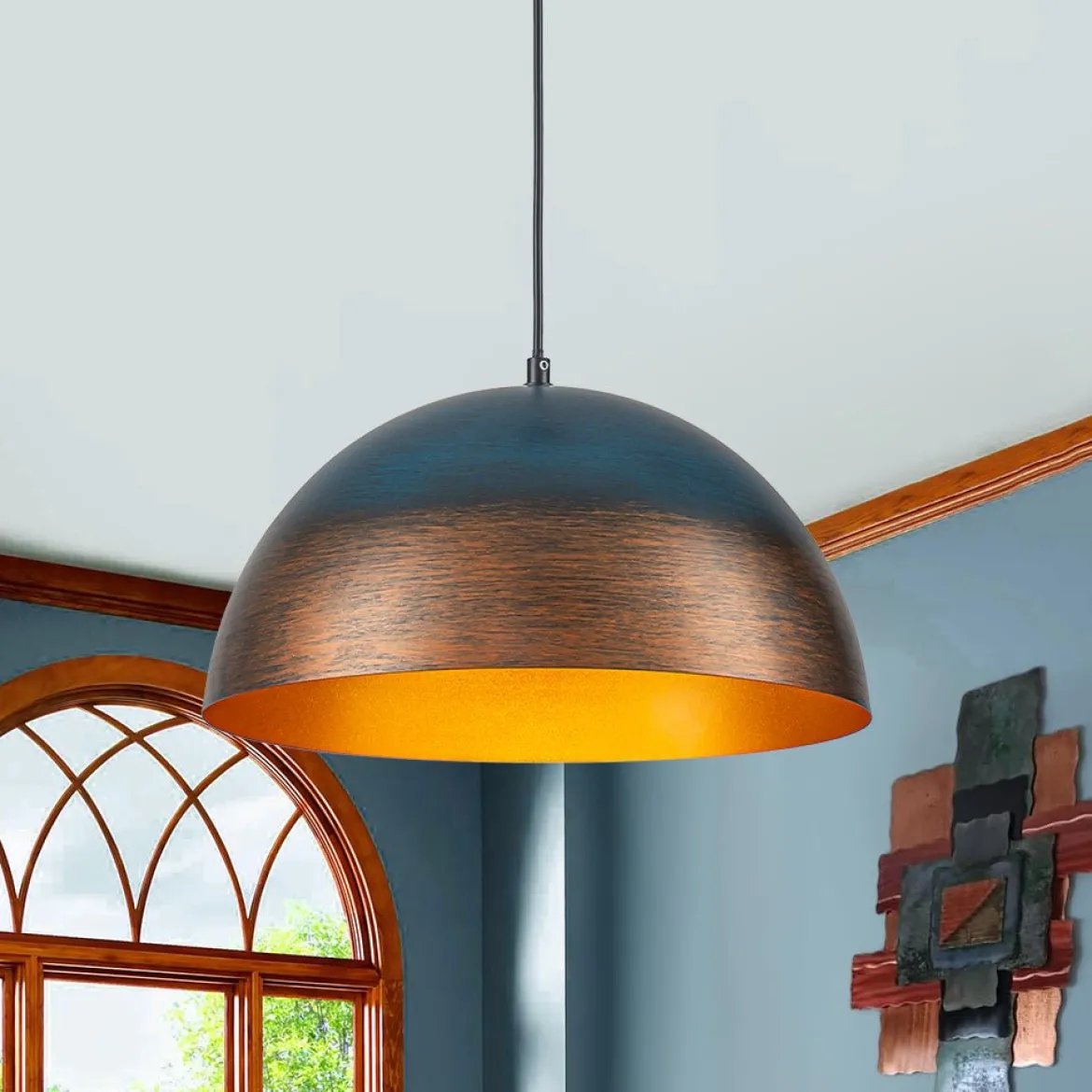 Oversized Industrial Oxidized Copper Patina Dome Pendant