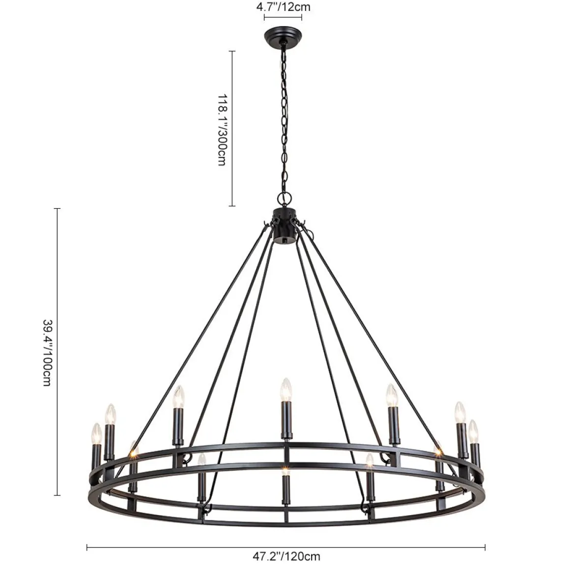 Oversized Vintage Black Candle Style Wagon Wheel Chandelier