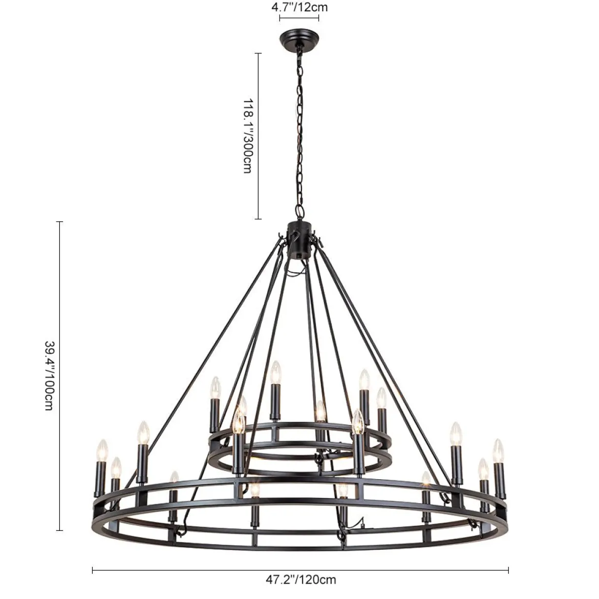 Oversized Vintage Black Candle Style Wagon Wheel Chandelier