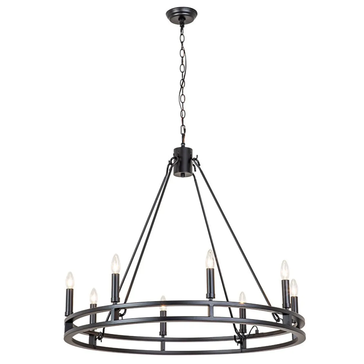 Oversized Vintage Black Candle Style Wagon Wheel Chandelier