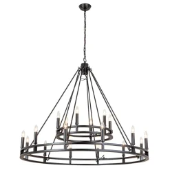 Oversized Vintage Black Candle Style Wagon Wheel Chandelier