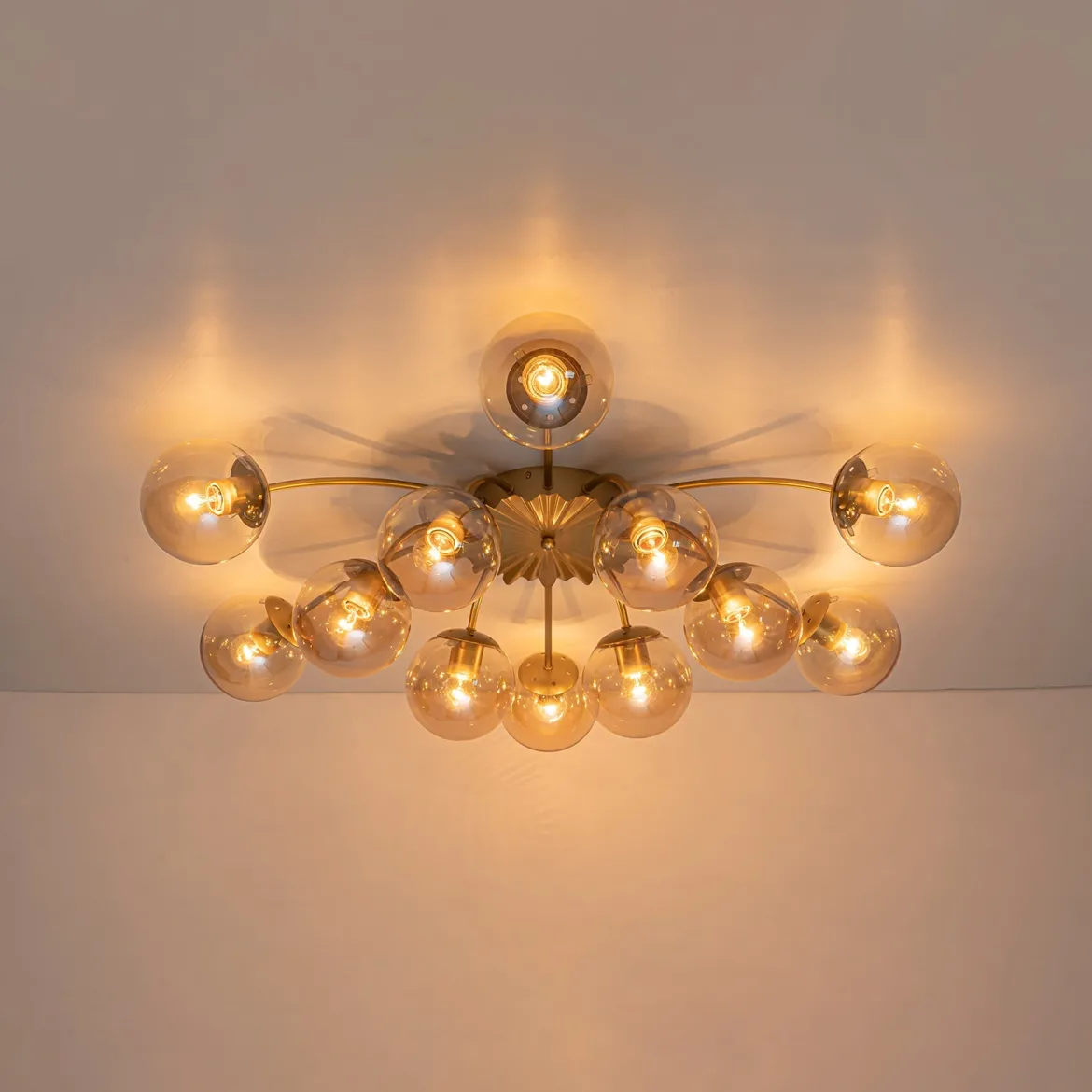 Retro Bloom 12-Light Amber Glass Bubble Semi Flush Chandelier