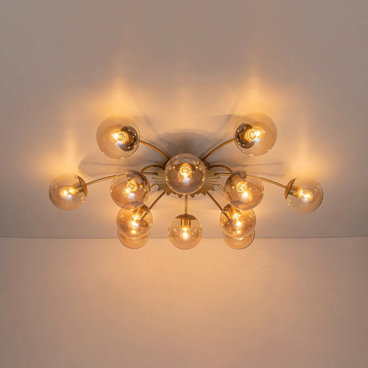 Retro Bloom 12-Light Amber Glass Bubble Semi Flush Chandelier