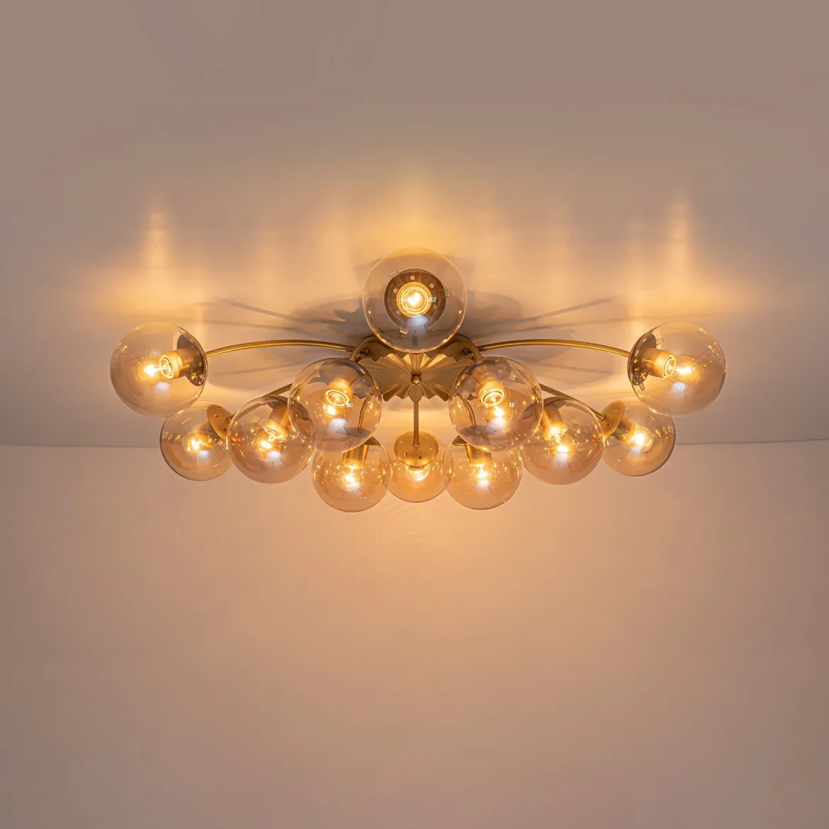 Retro Bloom 12-Light Amber Glass Bubble Semi Flush Chandelier