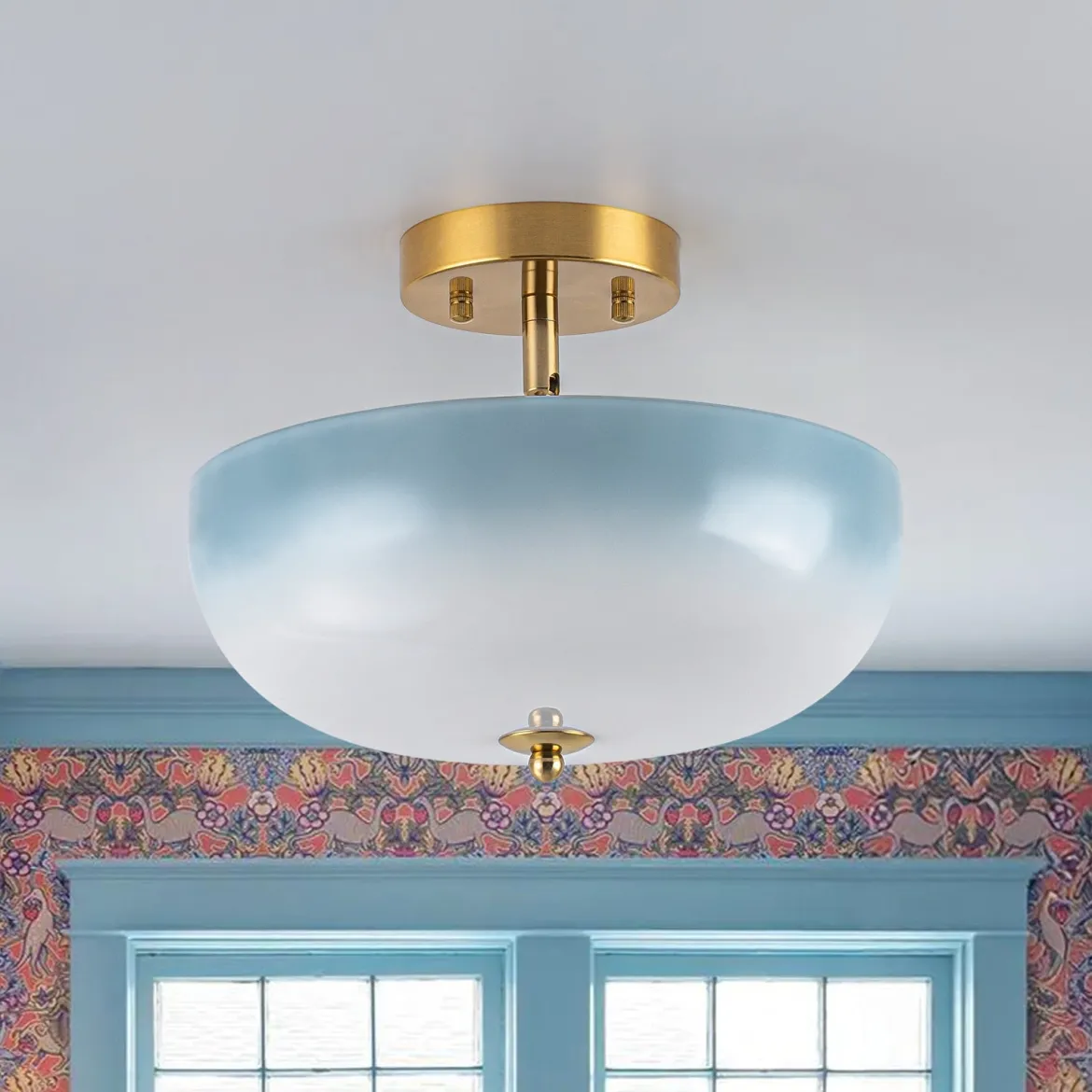 Round Gradient Blue Opal Art Glass Semi Flush Mount