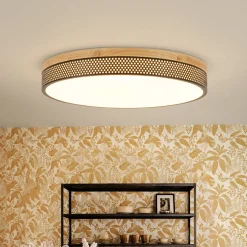 Rustic Black Mesh Wooden Dimmable LED Round Ceiling Light