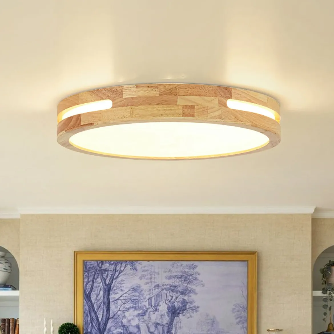 Rustic Dimmable LED Wood Round Flush Mount Light