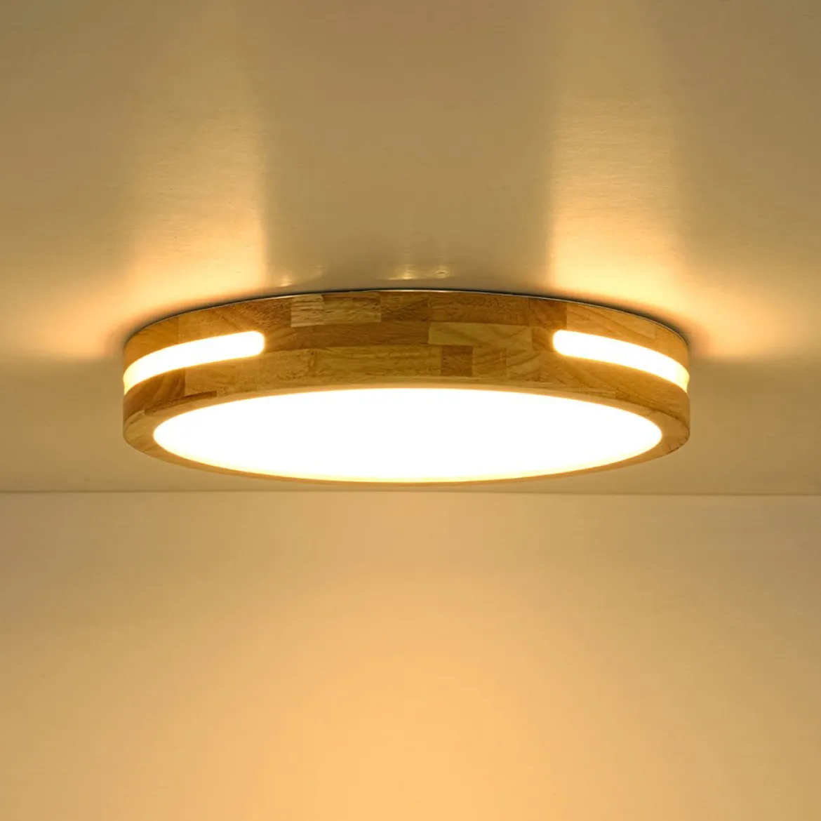 Rustic Dimmable LED Wood Round Flush Mount Light