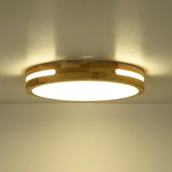 Rustic Dimmable LED Wood Round Flush Mount Light