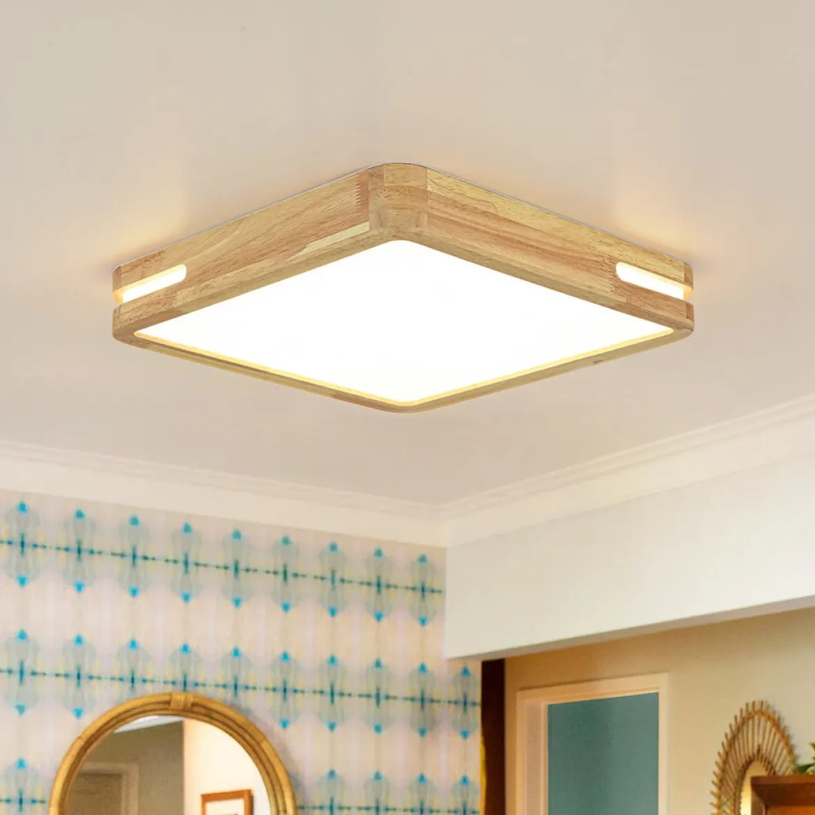 Rustic Dimmable LED Wood Square Flush Mount Light