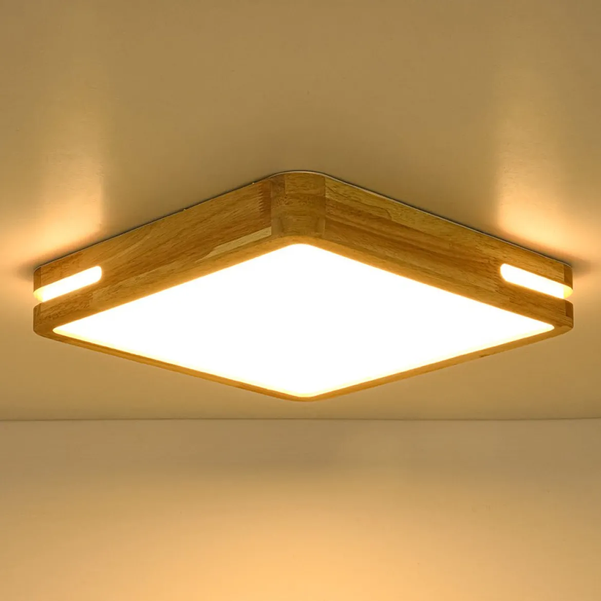 Rustic Dimmable LED Wood Square Flush Mount Light