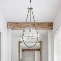 Rustic Hemp Rope Distressed White Glass Globe Pendant Light