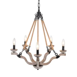 Rustic Hemp Rope Wooden Round Candle Chandelier