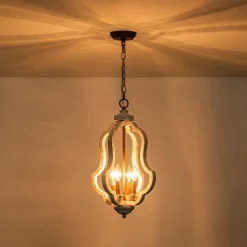 Rustic 4-Light Whitewashed Wood Cage Pendant Light