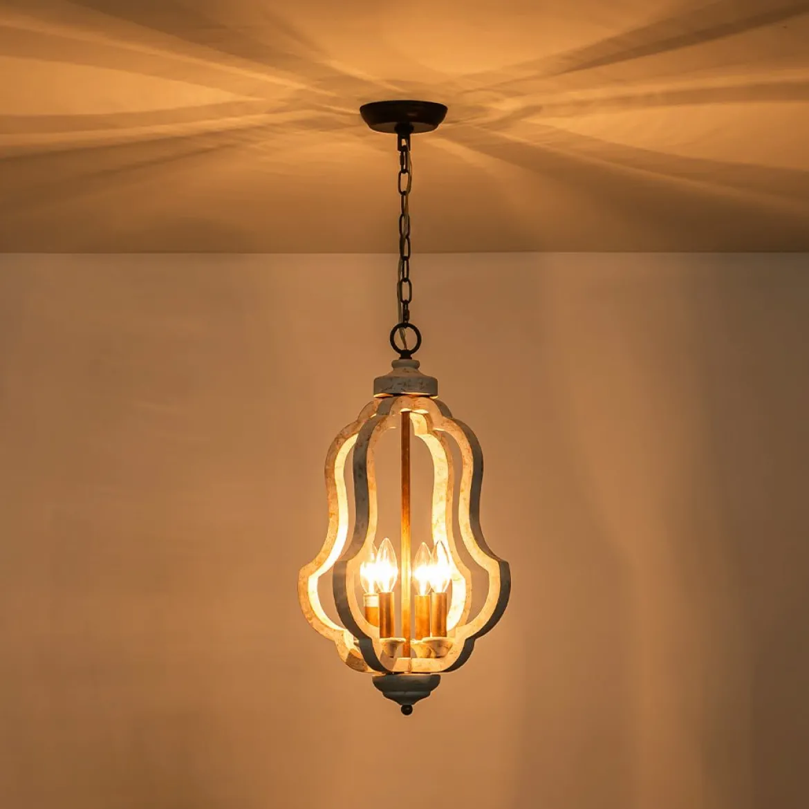 Rustic 4-Light Whitewashed Wood Cage Pendant Light