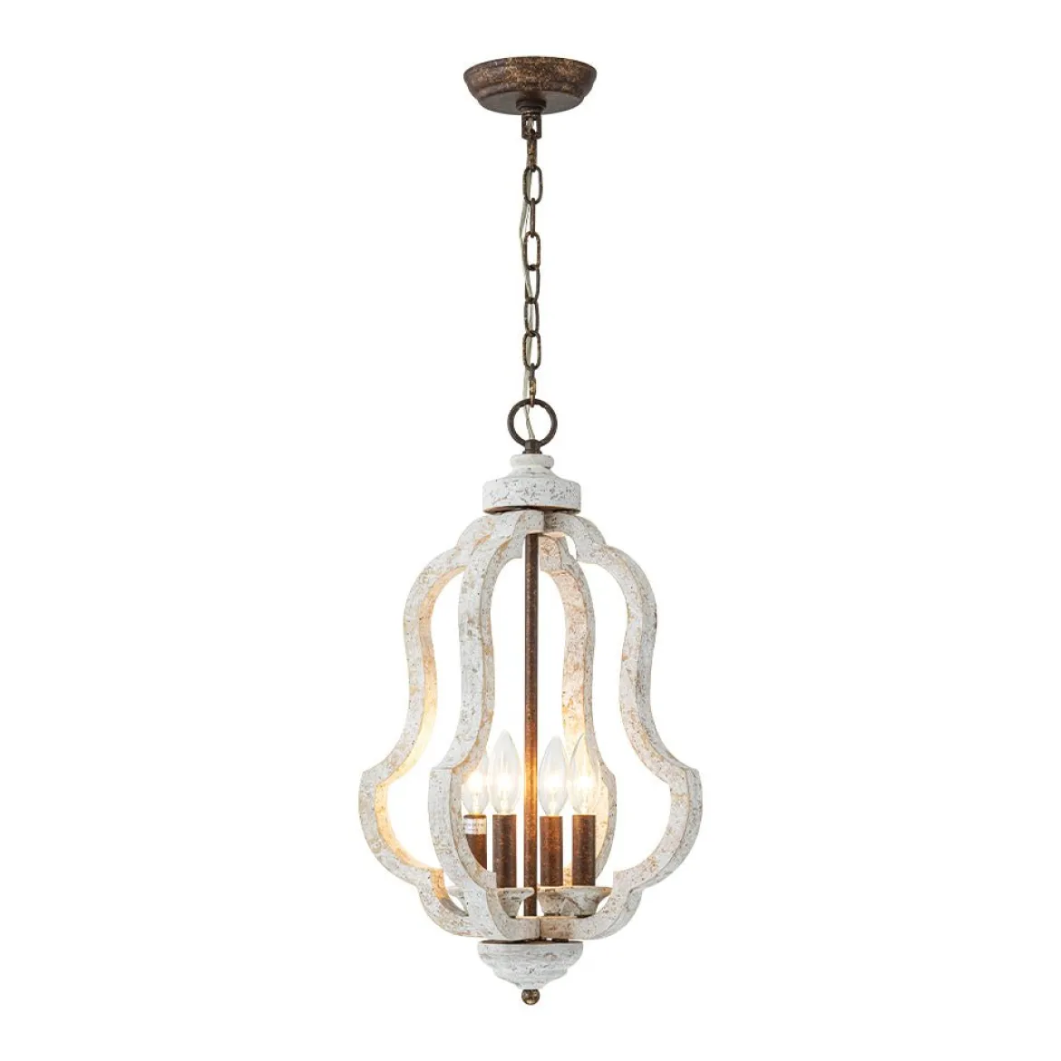 Rustic 4-Light Whitewashed Wood Cage Pendant Light