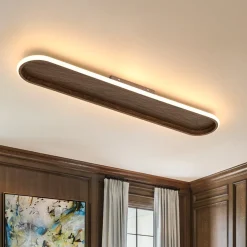 Rustic Walnut Wood Dimmable LED Oval Ring Flush Mount Light