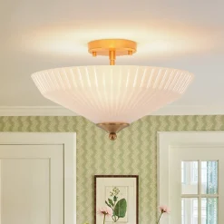 Sculptural Shine Opal Glass Pleated Cone Semi Flush Mount