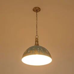 Shabby Chic Distressed Gilded Patina Teal Dome Pendant Light