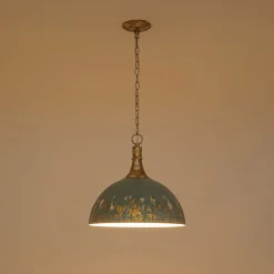 Shabby Chic Distressed Gilded Patina Teal Dome Pendant Light