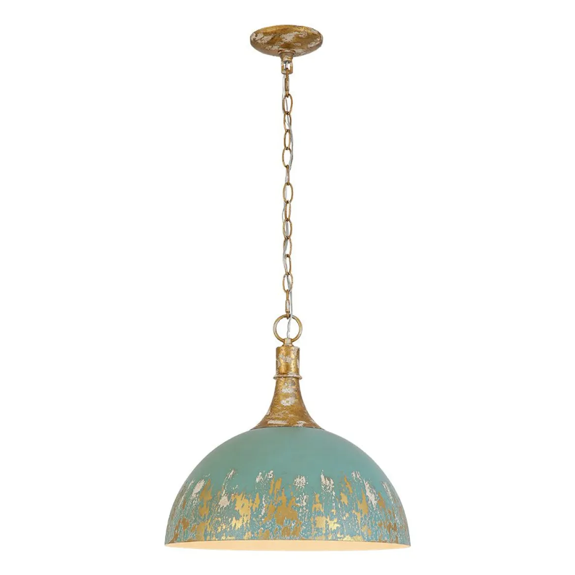 Shabby Chic Distressed Gilded Patina Teal Dome Pendant Light