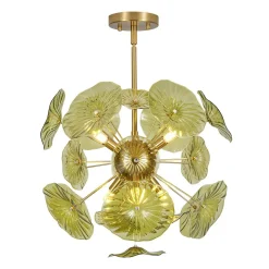 Summer Art Deco Bloom Green Lotus Leaf Sunburst Chandelier