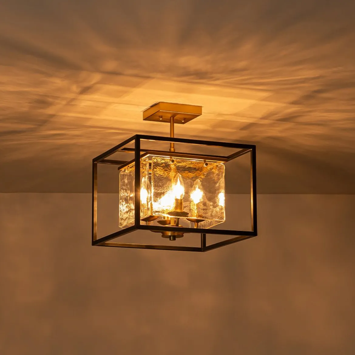 Textured Glass Candle Style Square Lantern Ceiling Light