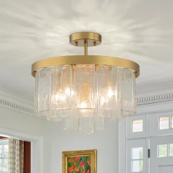 Tiered Hammered Water Glass Round Semi Flush Mount