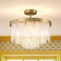 Tiered Opal Swirl Glass Round Semi Flush Mount Chandelier