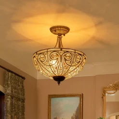 Victorian Antique Bronze Crystal Semi Flush Light