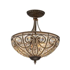 Victorian Antique Bronze Crystal Semi Flush Light