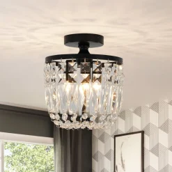 Vintage Black Draped Crystal Round Semi Flush Mount