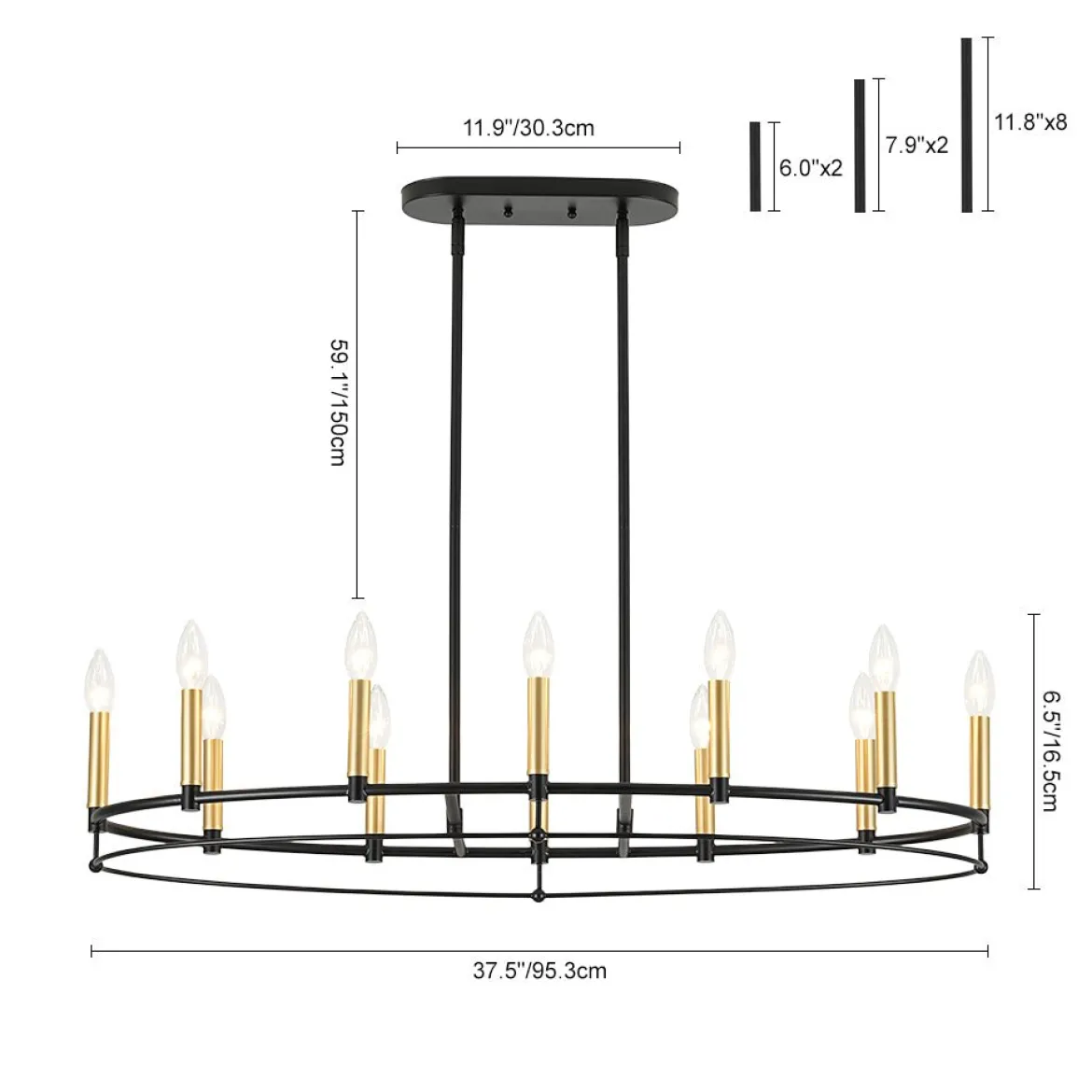 Vintage 12-Light Black Brass Candle Wide Island Chandelier