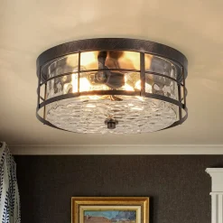 Vintage 2-Light Hammered Glass Round Drum Flush Mount