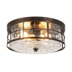 Vintage 2-Light Hammered Glass Round Drum Flush Mount