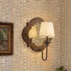 Vintage 1-Light Wood Mirror Linen Tapered Shade Wall Sconce