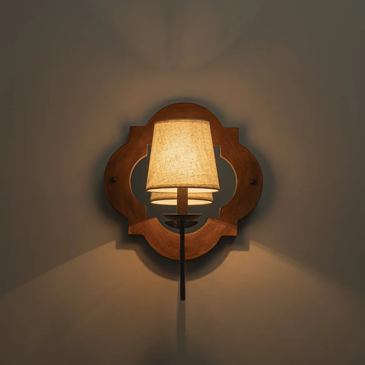Vintage 1-Light Wood Mirror Linen Tapered Shade Wall Sconce