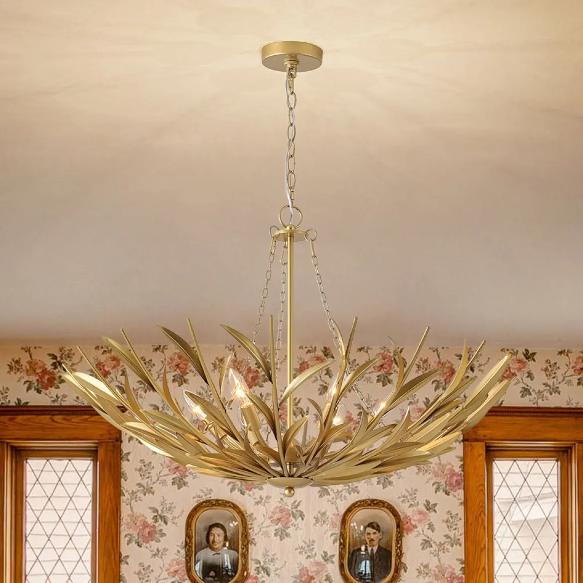 Vintage Luxe Gold Bloom Leaf Branch Oversized Basket Chandelier